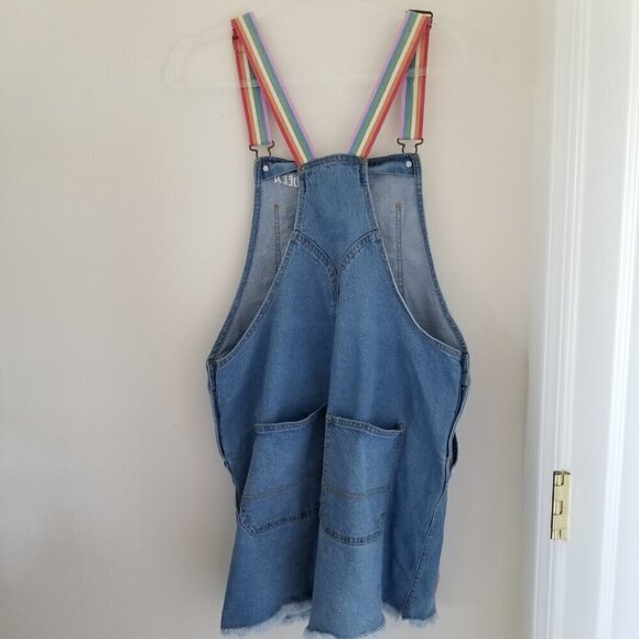 Women's Pride Rainbow Queen Shortall Bib Overalls Denim Light Wash Blue Sz M - Picture 3 of 14